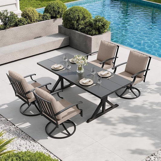 5 Pieces Patio Dining Set Outdoor Conversation Set,Metal Outdoor Furniture Set with Umbrella Hole Cut-Out 78.7" x 35.4" Table and 4 Metal Backrest Swivel Chairs for Backyard,Garden,Sand
