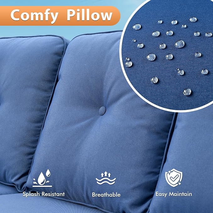 8 PCS Outdoor Patio Furniture Sets,Patio Conversation Sets Outside Rattan Soft Cushion Sofa with 2 Wicker Rocking Chairs Soft Cushion Fit Backyard Porch Garden Poolside Balcony,Navy Blue