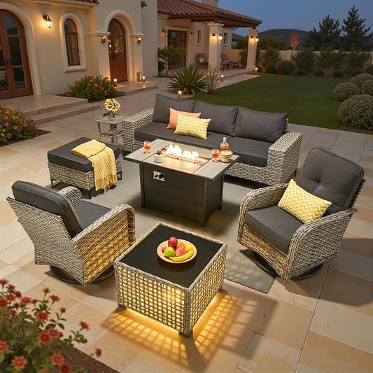 9 Pcs Patio Outdoor Furniture Set - All Weather Wicker Outdoor Sectional Sofa Couch with Swivel Fire Pit Table and Rocking Chairs e,Patio Rattan Conversation Set for Garden Deck Yard,Black