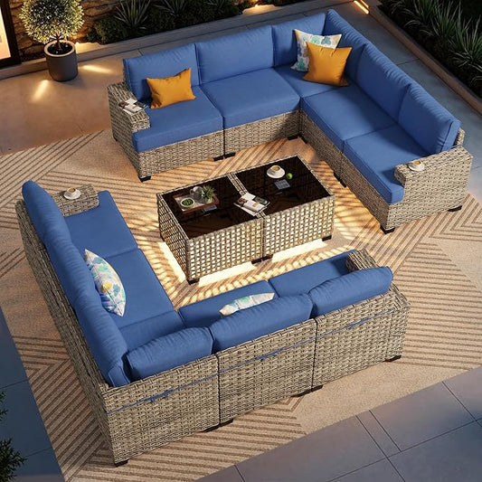 CAODOC Patio Furniture Sets 12 Pieces Outdoor Sectional Rattan Sofa Manual Weaving Wicker Patio Conversation Set with Ottomans and T Cushion(Blue)