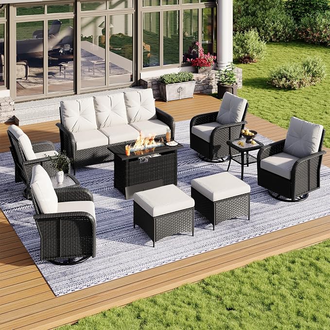 Aoxun 10-Piece Patio Furniture Set with 44” Fire Pit Table, Wicker Rattan Outdoor Sectional Sofa with High Back Swivel Rocker Chairs, Outdoor Patio Furniture Set with Thick Cushions & Ottoman, Beige