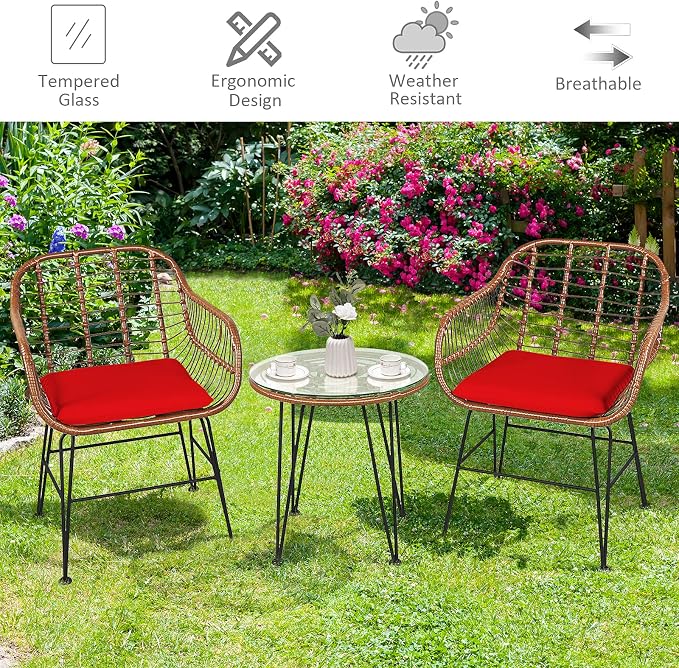 COSTWAY 3 Pieces Patio Bistro Set, Outdoor Rattan Conversation Seating Chair Set with Coffee Table & Soft Cushions, Indoor Wicker Furniture Set for Garden, Balcony, Porch, Pool, Red