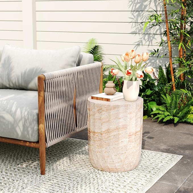 Outdoor Side Table 15" Drum Shape Concrete Side Table, Patio Tables for Outside Decorative Garden Stools, No Assembly Accent Table for Patio Porch Living Room, Beige