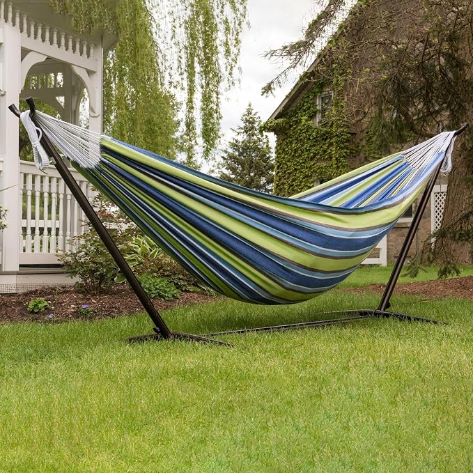 Vivere Double Cotton Hammock with Space Saving Steel Stand, Upgraded Polyester End Strings 450 lb Capacity - Premium Carry Bag Included (Oasis)