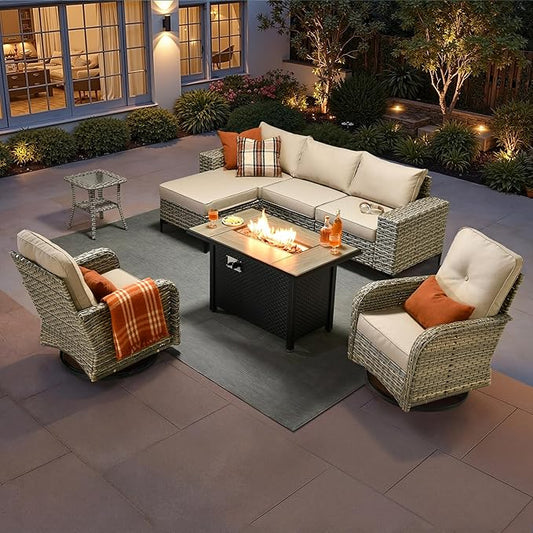 HOOOWOOO 8 Pieces Patio Furniture Set,L Shaped Outdoor Sectional Couch with Fire Pit Table, Pe Wicker All Weather Outside Conversation Sofa Swivel Chiars Solar Table Ottoman Set,Beige