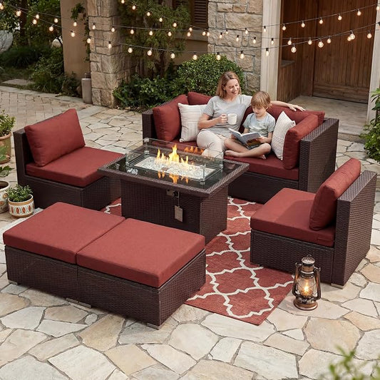 BULEXYARD 7 Pcs High Back Patio Furniture Set with Fire Pit Table Propane/Natural Gas Dual Fuel, Heavy Duty Outdoor Sectional Couch, Big Cozy Backyard Seating for Exterior, Brown Wicker & Red Cushion