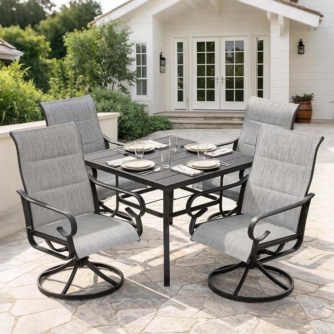 NUU GARDEN 5-Piece Padded Textilene Outdoor Dining Set, Slatted Outdoor Table and Chairs with Swivel Base, All Weather Patio Furniture Set with Umbrella Hole for Backyard, Garden, Light Gray