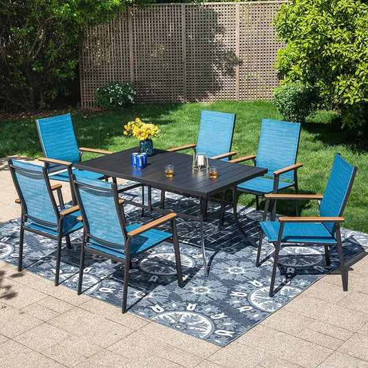 PHI VILLA 7 PCS Patio Dining Set, Metal Outdoor Furniture with 59"x35.4" Dining Table & 6 Stackable Aluminum Textilene Chairs, Patio Table and Chairs for Deck Garden Poolside, Blue
