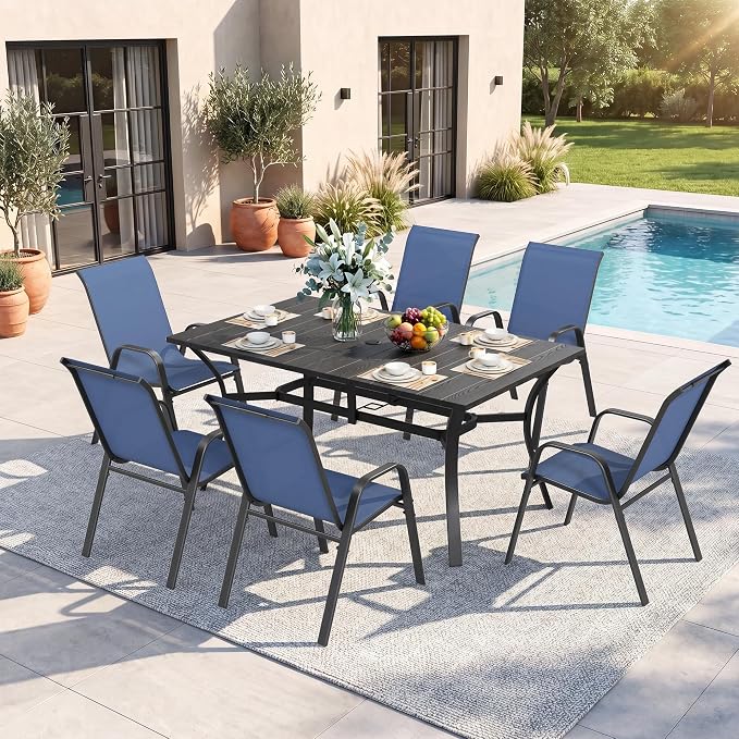 Outdoor Dining Set for 6, Patio Metal Table and Chairs Set with 1.97'' Umbrella Hole, 7pcs Patio Furniture Set 63”x37.8” Dining Table Set with Stackable Chairs for Backyard Pool Deck