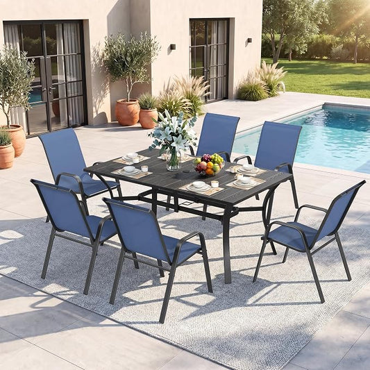 Outdoor Dining Set for 6, Patio Metal Table and Chairs Set with 1.97'' Umbrella Hole, 7pcs Patio Furniture Set 63”x37.8” Dining Table Set with Stackable Chairs for Backyard Pool Deck