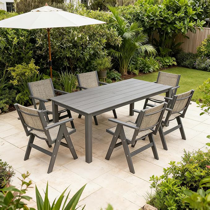 68.9” Outdoor Dining Table, Wooden Patio Table, Outdoor Furniture with Umbrella Hole, 6 Seater Outside Table for for Garden, Poolside & Backyard,BBQ ect. (Charcoal Gray)