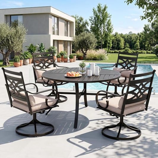 Sophia & William Patio Dining Set, Steel, Black | Umbrella Hole, Swivel Chairs, E-Coated, Cushions Included, For Patio, Garden and Yard