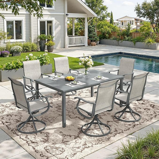 DIFY Outdoor Dining Set for 6, 7 Piece Patio Table and Chairs Set, Swivel Patio Chairs with Textilene Fabric & 63" Rectangle Metal Dining Table with Umbrella Hole, for Garden Backyard Deck, Grey