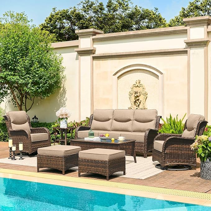 HILLGA Luxury Outdoor Patio Furniture Set with 6-Inch Thick Cushions, High Back Wicker Swivel Rocker Chairs, 7 Pcs All Weather Conversation Set for Large Deck, Yard and Poolside, Beige (V3)