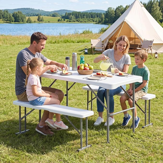 Giantex Folding Picnic Table Set w/ 2 Benches, 44" HDPE, White | Foldable Table & Chairs, All Weather Resistant, Space-Saving & Portable for Camping Party Dining BBQ, Large Weight Capacity