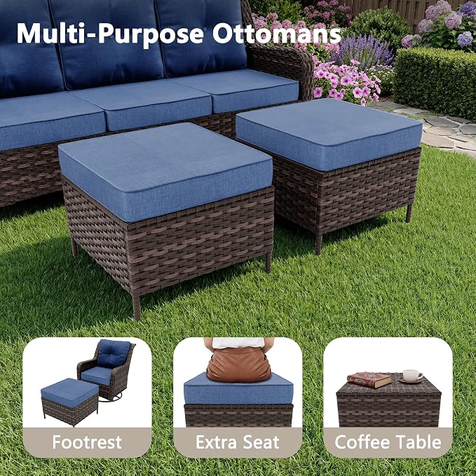 Outdoor Patio Furniture Set,7 Pieces 7 Seats Outdoor Sectional Furniture All Weather Thick PE Rattan Wicker Patio Conversation Set with Ottoman & Coffee Table,Swivel Rocking Chairs Set,Navy Blue