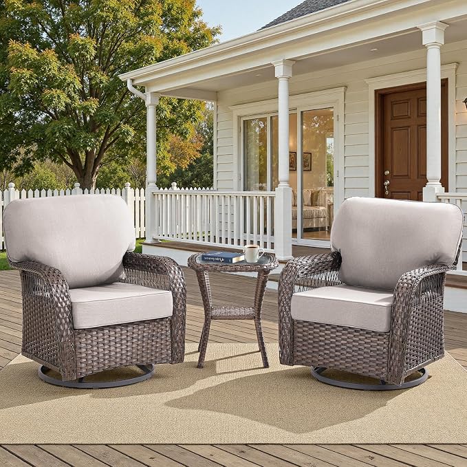 3 PCS Patio Swivel Rocking Chairs Set, Outdoor Wicker Furniture with 5-Inch Thick Olefin Cushions & Rattan Side Table, 360° Swivel Rocker Chairs for Garden, Porch, Backyard, Beige/Brown Wicker