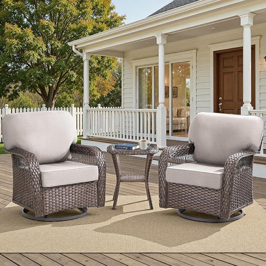 3 PCS Patio Swivel Rocking Chairs Set, Outdoor Wicker Furniture with 5-Inch Thick Olefin Cushions & Rattan Side Table, 360° Swivel Rocker Chairs for Garden, Porch, Backyard, Beige/Brown Wicker