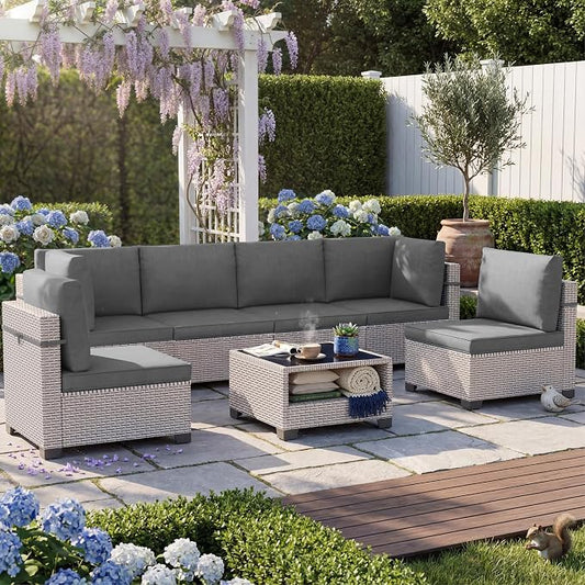 Patio Furniture Set, 7-Piece Outdoor Sectional Sofa with 2-Layer Glass Coffee Table, Wicker Patio Conversation Set with Gray Cushions for Backyard, Poolside, Porch