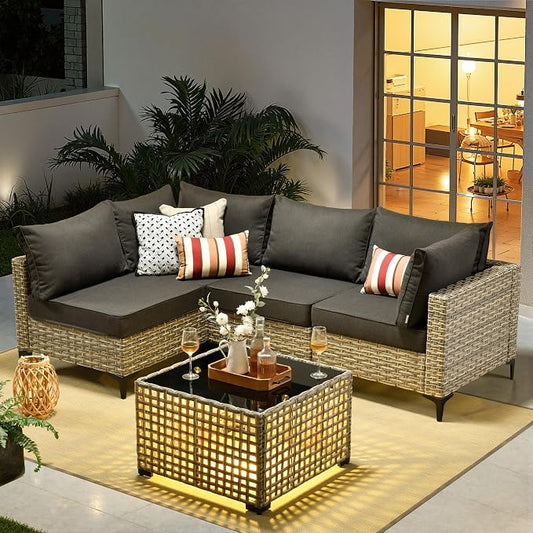 Outdoor Sectional Patio Furniture Set,5 Pieces Rattan Wicker Conversation Sets L Shaped Couch,Outside Furniture with Glowing Coffee Table,Black