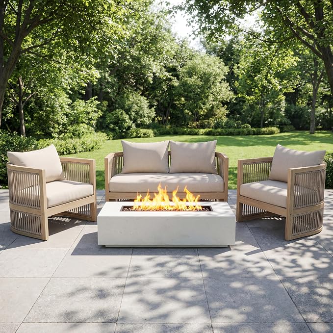 Christopher Knight Home 4-Piece Acacia Wood Patio Furniture Set, Mid-Century Modern Outdoor Conversation Set with Loveseat, Curved Club Chairs, Cushions & MgO Fire Pit for Backyard, Light Teak+White