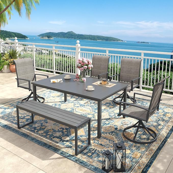 6 Pieces Outdoor Dining Set, Patio Table and Chairs Set with Garden Bench for 6-7 People, 63" Outdoor Dining Table and Padded Swivel Patio Chairs for Deck Backyard, Grey and Dark Grey
