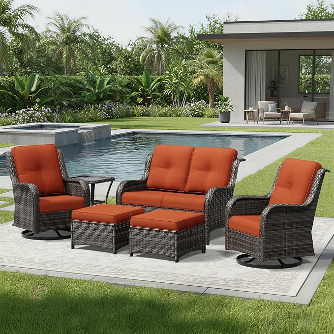 Joyside 6 Piece Wicker Patio Furniture Set, Outdoor Swivel Rocker Patio Chairs with High Back, Deep Seating, Wide Armrest, Thickened Cushions, Outdoor Furniture for Deck, Porch Use