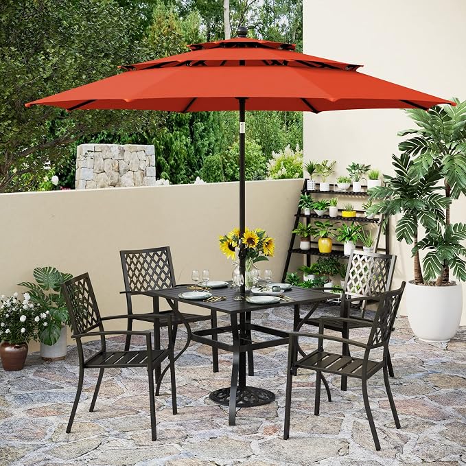 PHI VILLA 5 Piece Outdoor Dining Set with 10ft 3-Layer Round Umbrella(Orange Red)