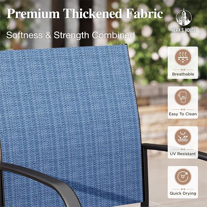 HERA'S HOUSE 7pc Patio Dining Set, Metal Table with PVC Top, Blue Chairs | 60" rectangular table with umbrella hole, 6 textilene chairs. Waterproof, rust-resistant, all-weather for yard, porch