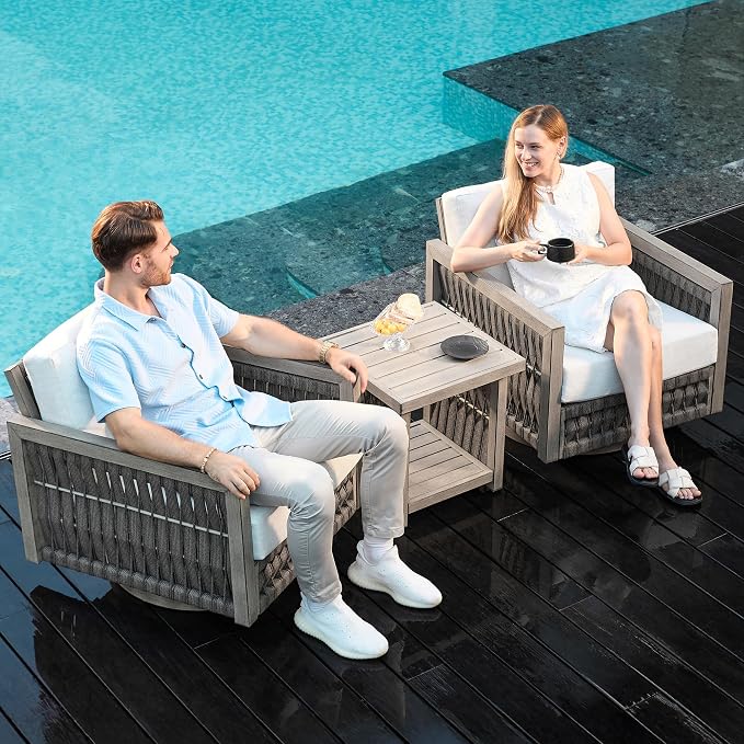 Patio Swivel Chair, Rope Weave Outdoor Chair with Widened Armrests & Thick Cushions, All-Weather Aluminum Deep Seating Chair, Never Rust Patio Chair for Garden, Porch, Deck, Gray Oak | Aluminum Frame