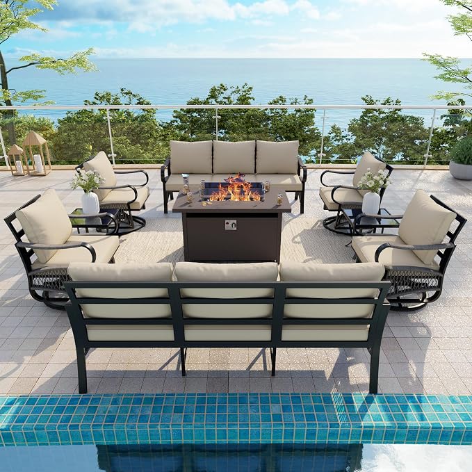 8-Piece Outdoor Furniture Set, Metal Swivel Rocking Chairs with All-Weather Cushions, Patio Conversation Set with Fire Pit Table for Deck, Porch, Garden, Backyard, Poolside (Beige Cushions)