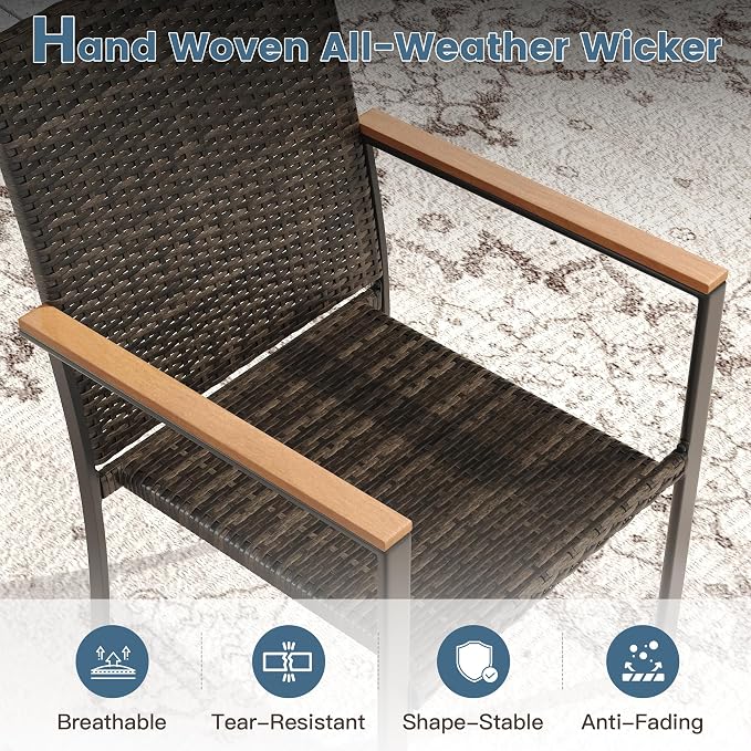 DIFY 5 Piece Patio Dining Set, Metal Outdoor Table and Chairs Set for 4, 40.6" Round Walnut Dining Table with Umbrella Hole & Wicker Stackable Patio Chairs, Patio Furniture Set for Garden Backyard