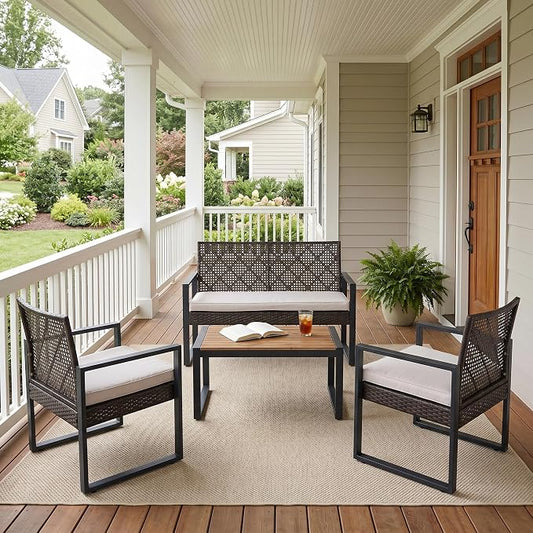 4 Pieces Patio Furniture Set Outdoor Furniture Set with Table, Wicker Patio Conversation Sets with Soft Cushion with 1 Spacious Souble Chair and 2 Single Chairs for Home, Garden, Lawn (Brown)