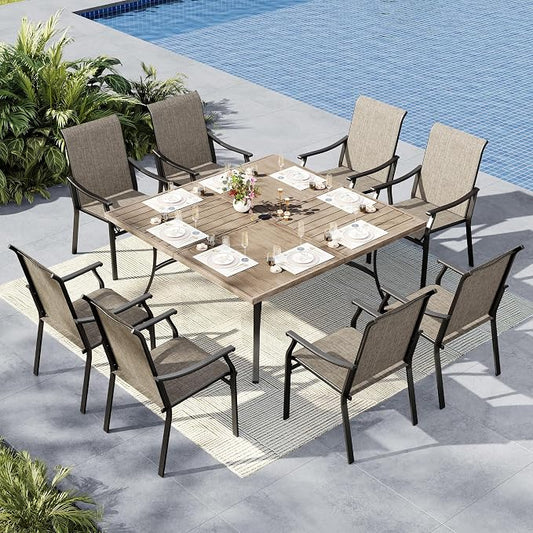 MFSTUDIO 9 PCS Patio Dining Set with 8 Sling Dining Chairs and 1 Square Wood Like Top Table for 8, All Weather Resistant Patio Furniture, Grey