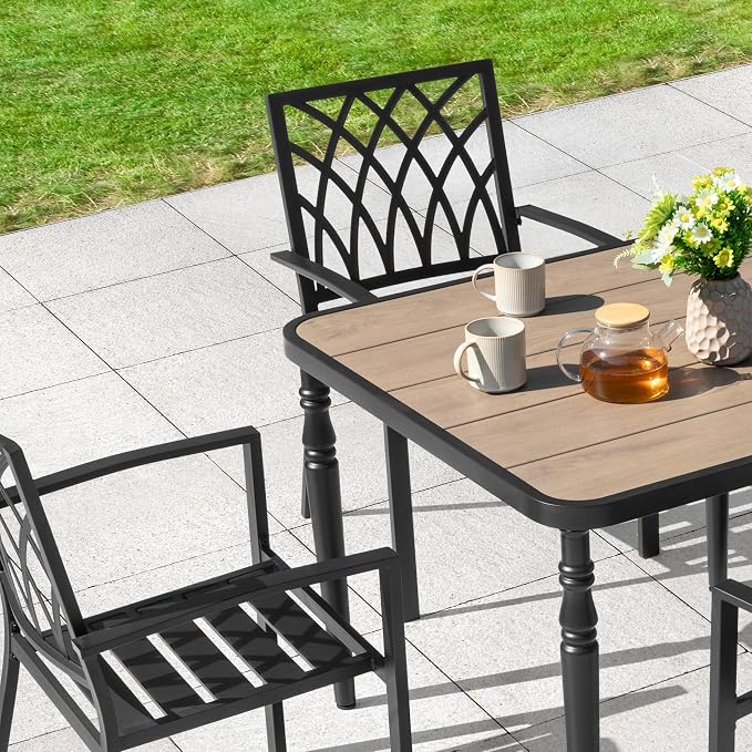 NUU GARDEN 5-Piece Outdoor Dining Set, 4 Stackable Chairs & 37" Square Table with Umbrella Hole and Faux Wood Tabletop, Weather-Resistant Furniture for Patio Deck Yard Garden, Black