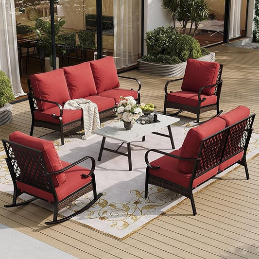 SUNSHINE VALLEY 5 Piece Metal Outdoor Patio Furniture Set, Patio Conversation Set with 3-Seater Sofa, Loveseat, 2 Rocking Sofa (5.75" Thick Cushion) & Coffee Table Black Backyard Furniture, Rust Red