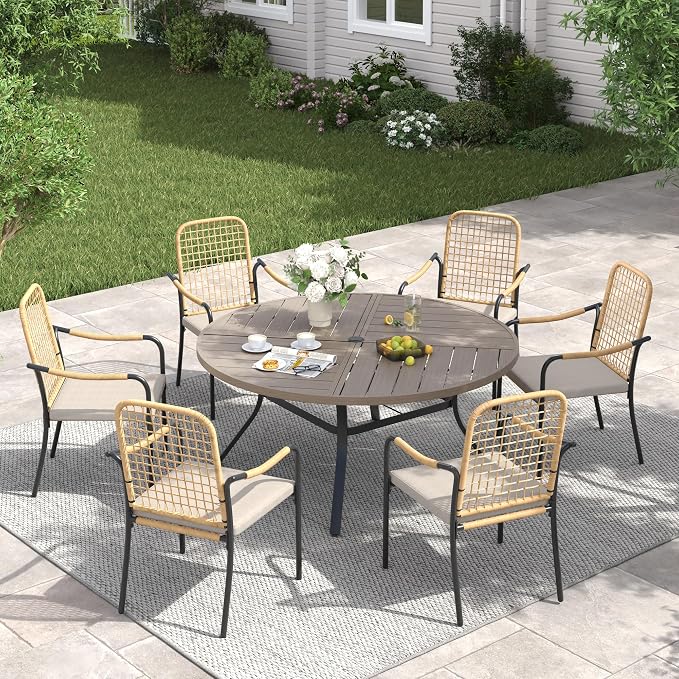 VICLLAX 50" Round Patio Table with Umbrella Hole, All Weather Metal Outdoor Dining Table for 6, Outside Table with Storage Shelf for Lawn Garden, Grey Wood-Grain Finish