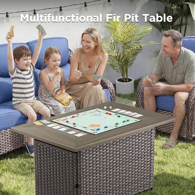Luxury Patio Furniture Set with Fire Pit Table-10 Pieces All Weather Outdoor Swivel Rocker Chairs with Sofa and Ottomans. Outdoors Patio Conversation Sets for Porch Deck Garden Backyard(Brown/Blue)
