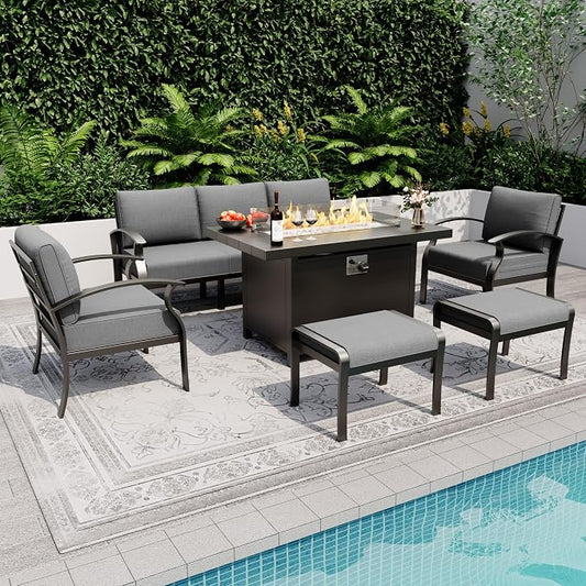 Kurapika Aluminum Patio Furniture Set 5-Seat Modern Metal Outdoor Conversation Sets w/45in Propane Fire Pit Table, w/5.1 Inch Cushion Patio Sectional Sofa with 2 Ottomans, Grey