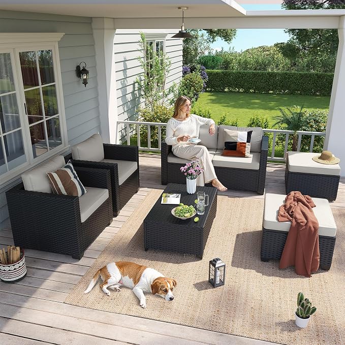 Aoxun 7 Piece Outdoor Patio Furniture Set 6 Seats, Outdoor Sectional with Thick Waterproof Cushions, Patio Conversation Sets for Garden,Backyard, Porch, Deck, Black & Beige