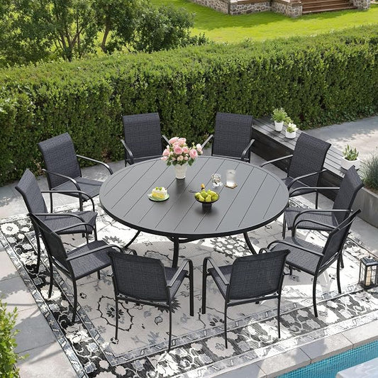 DIFY 11 Pieces Outdoor Patio Dining Set for 10, 60" Black Round Metal Dining Table and 10 Grey Stackable Sling Dining Chairs, Outdoor Table and Chairs for Lawn Garden Backyard Deck