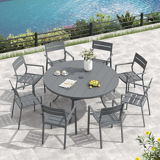 VICLLAX 63" Round Patio Table, Outdoor Dining Table for 8-10 with Umbrella Hole for Garden Lawn Deck Backyard, Dark Grey