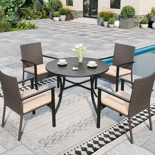 Sophia & William 5 Pieces Round Patio Dining Set for 4, 42" Diam Round Outdoor Table with Umbrella Hole, 4 Rattan Chairs with Cushion, All Weather Patio Table and Chairs Set for Outside