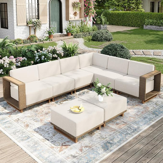 MIXPATIO 8 Pieces Patio Sectional Furniture Set, Outdoor Conversation Sets with 10" Thick Cushions, Yellow Wicker Rattan Modular Sofa Couch, Low Profile Deck Backyard Lawn Furniture