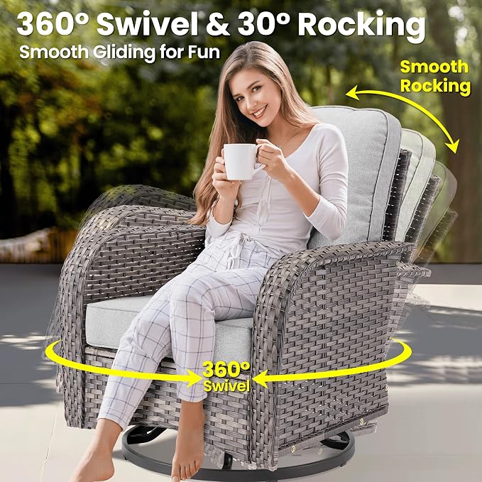 ovios 10 Pieces Patio Furniture Set, Outdoor Wicker Sofa Couch with Swivel Glider Chairs Solar Light Table Fire Pit, Modern Deep Seat Rattan Conversation Sets, Grey