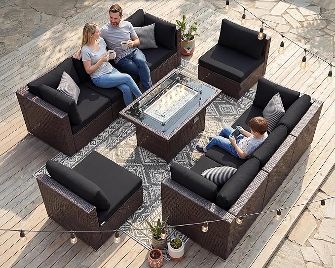 BULEXYARD 9 Pcs High Back Outdoor Sectional Set with Firepit Table, High-End Patio Furniture Seating Set, Big Oversized Wide Deep Modular 8-Seater Couch Sofa for Backyard, Brown Wicker & Black Cushion
