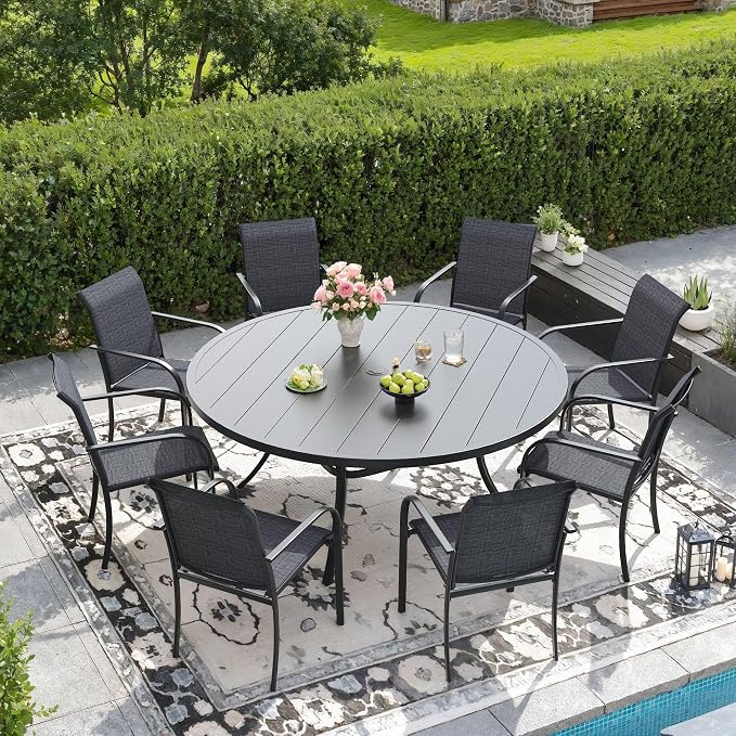 DIFY 9 Pieces Outdoor Patio Dining Set for 8, 53" Black Round Metal Dining Table and 8 Grey Stackable Textilene Patio Chairs, Outdoor Table and Chairs for Backyard Garden Poolside
