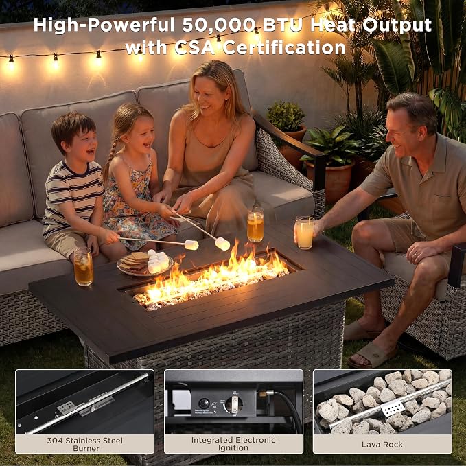 Outdoor Patio Furniture Set with 42.5" Fire Pit Table-6 Pieces All Weather Wicker Outdoor Furniture with High Back Swivel Patio Chairs Set of 2 Outdoor Patio Conversation for Deck Garden Beige/Gray