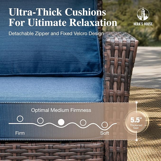HERA'S HOUSE Outdoor Swivel Chairs Set of 2 with 5.5" Thick Cushions, High Back Patio Furniture, Oversized Wicker Rattan Chairs for Deck Balcony Backyard, Blue