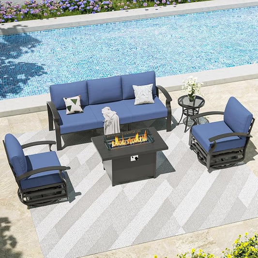 Kullavik Aluminum Patio Furniture Set,5 Piece Modern Metal Outdoor Patio Furniture w/5.1'' Thick Cushion,Swivel Chairs and 45" Propane Fire Pit Table,Patio Conversation Sets for Porch,Deck,NavyBlue